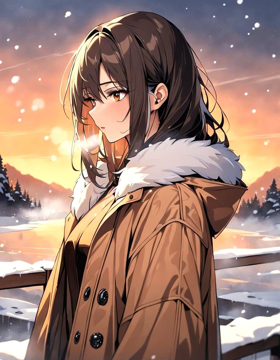 Lonely Girl in Snowy Dusk, Aesthetic Masterpiece
