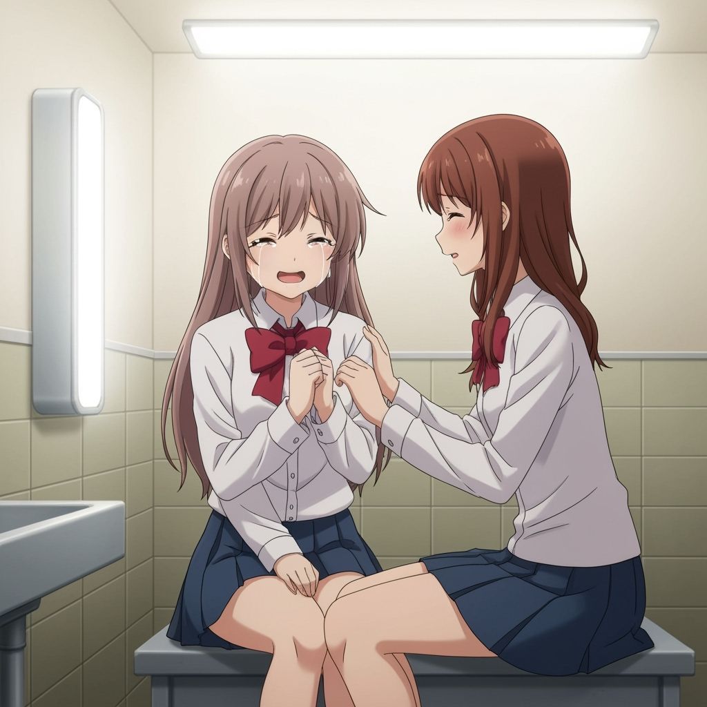 Anime Girls Comforting Each Other in School Bathroom