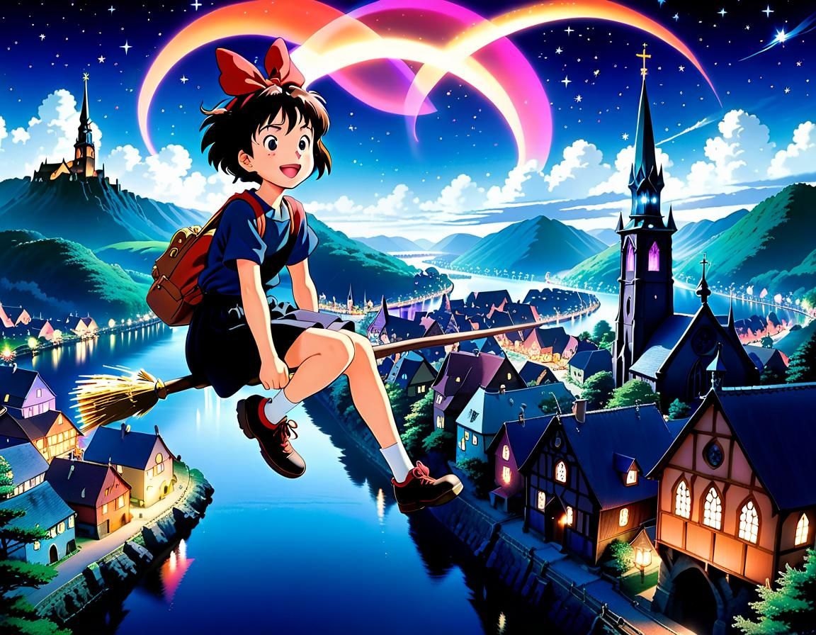Kiki's Delivery Service: Whimsical Anime Night Flight