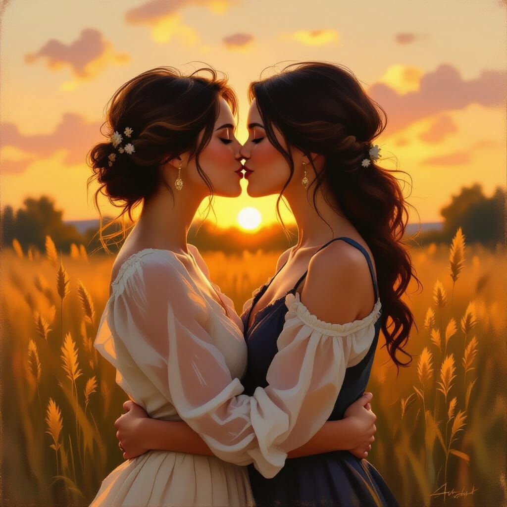 Romantic Sunset Kiss Between Two Women in Impressionistic St...