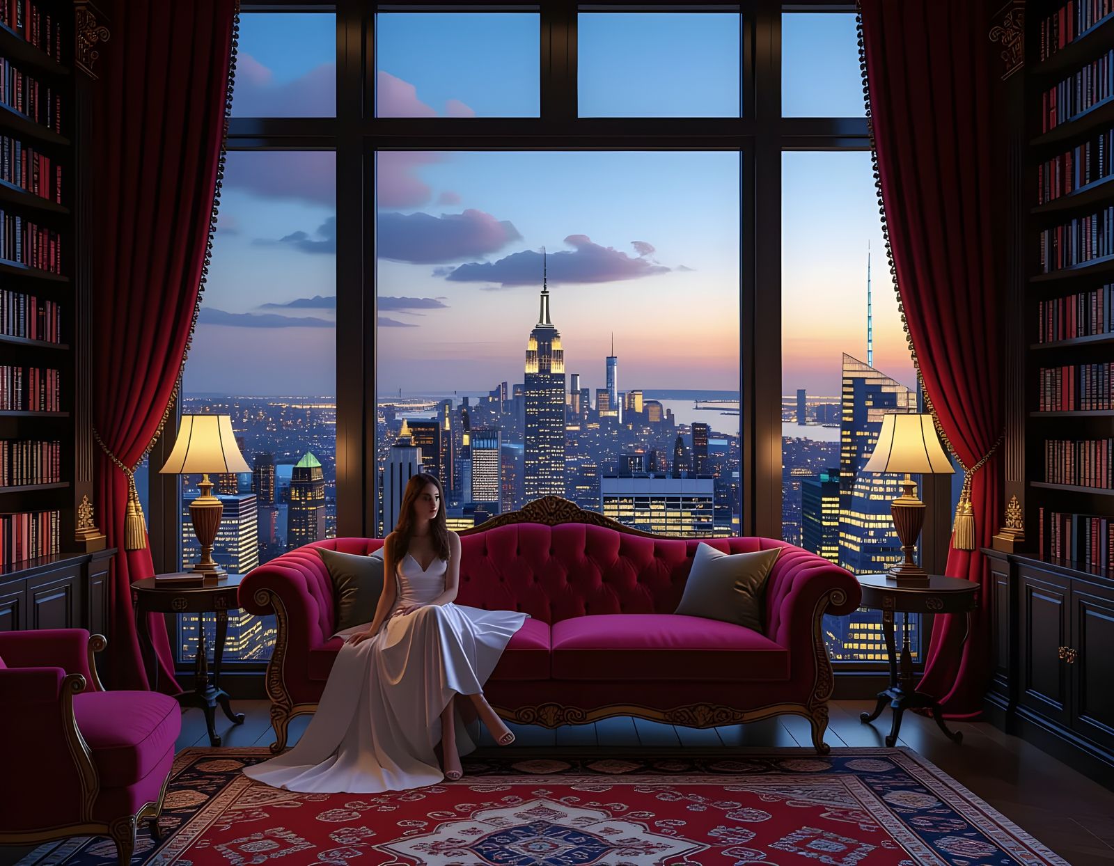 New York Penthouse with Woman, Maximalist Design