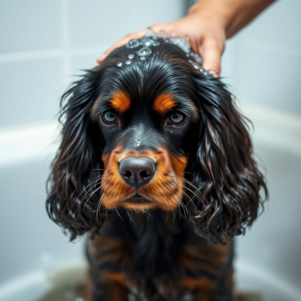 Sad Cocker Spaniel Soaking Wet During Bath Time