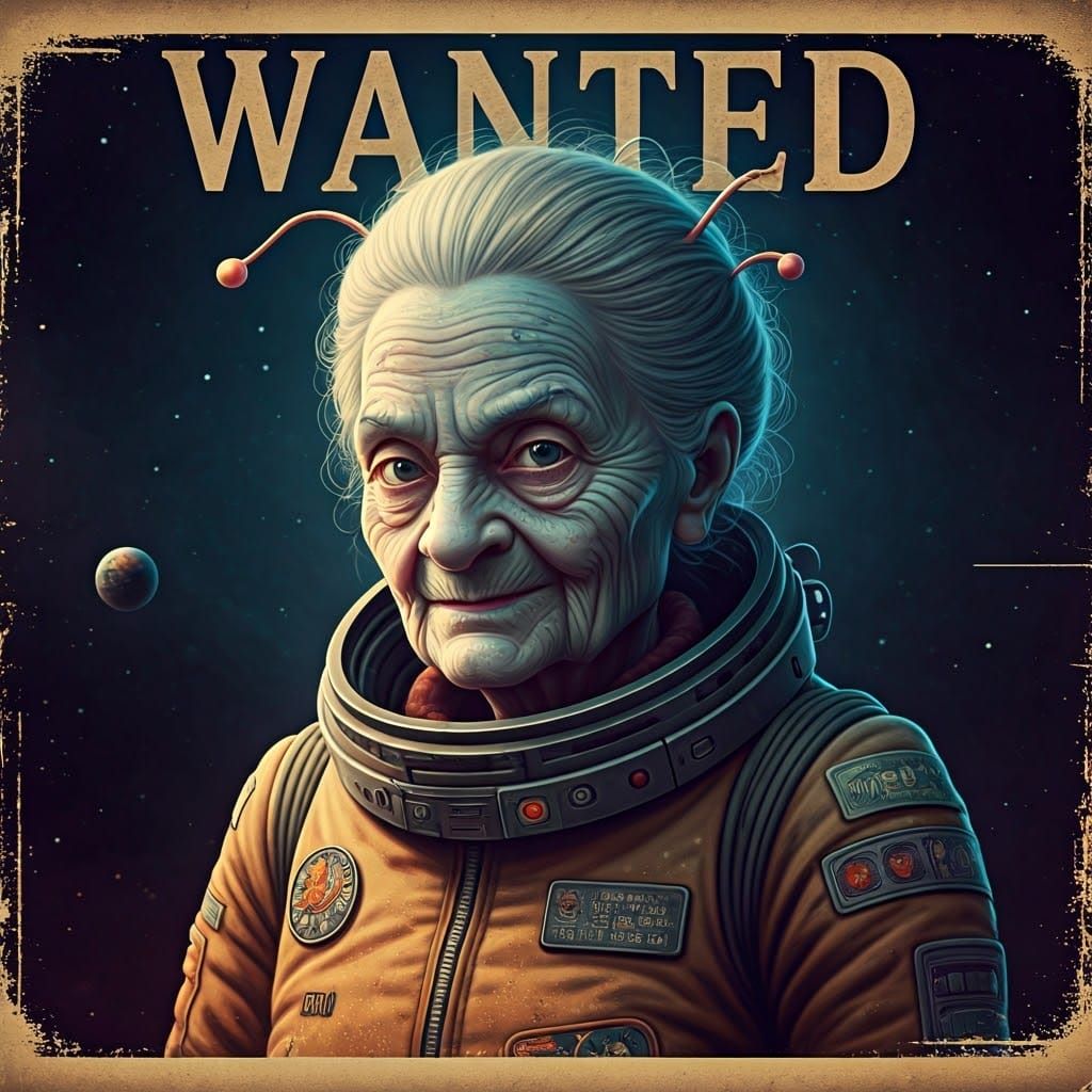 Vintage Intergalactic Wanted Poster of Alien Grandma