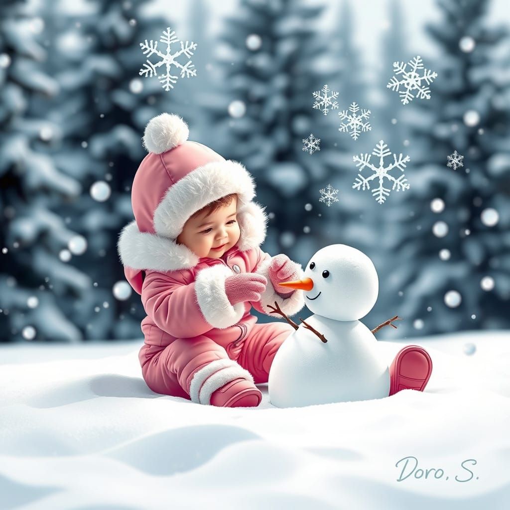 Whimsical Toddler Builds Snowman in Pristine Winter Wonderla...