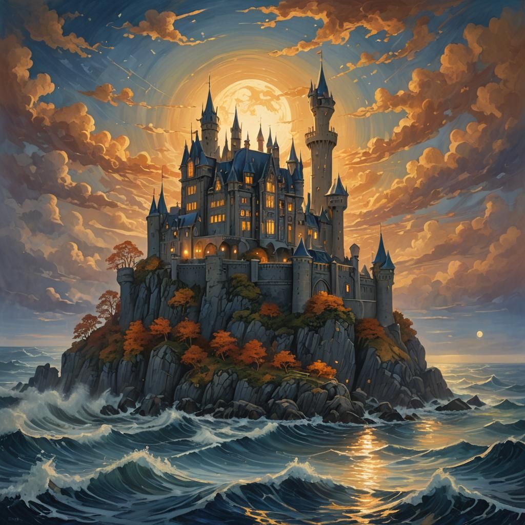 Mystical Castle Seascape in Golden Light