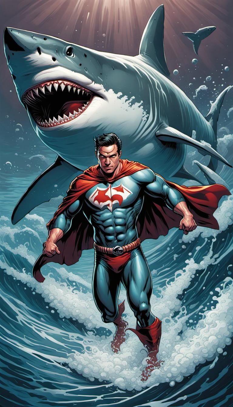 Shark Superhero in Comic Book Art Style
