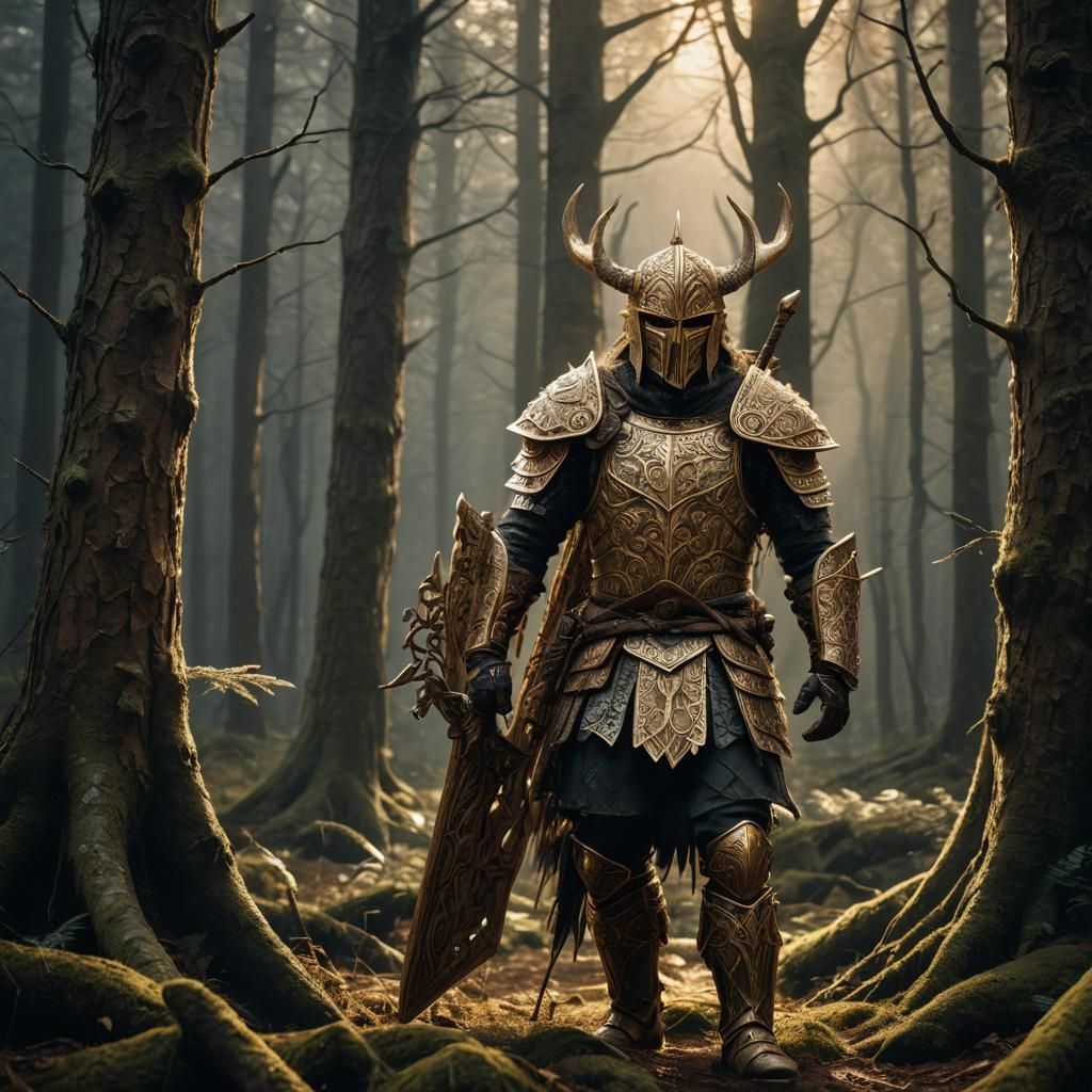 Wooden Nordic Warrior in Mystical Forest: Digital Art