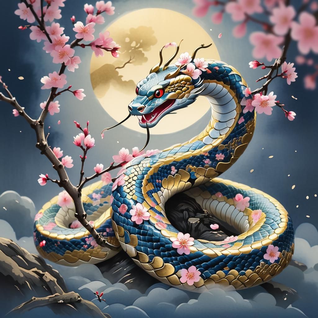 Snake with Sakura Flowers in Ukiyo-e Style