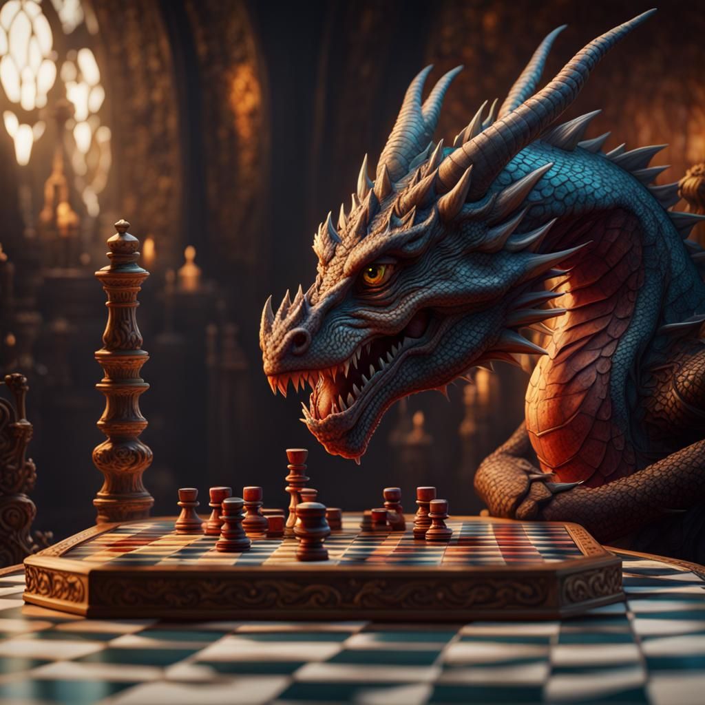 Dragon Plays Checkers: Detailed Fantasy Art