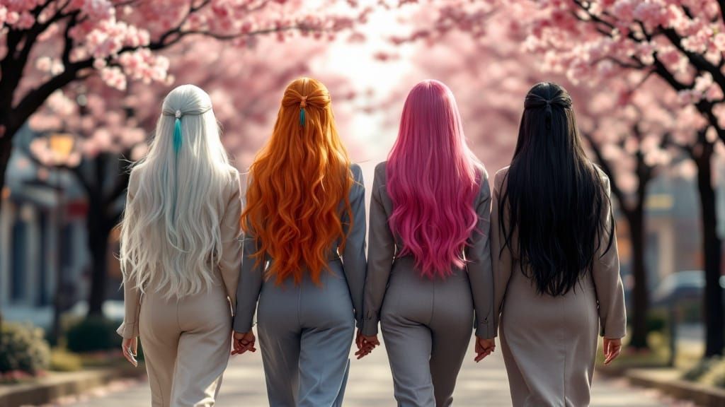 Cinematic Women Stroll Under Cherry Blossoms in Dreamy Hyper...