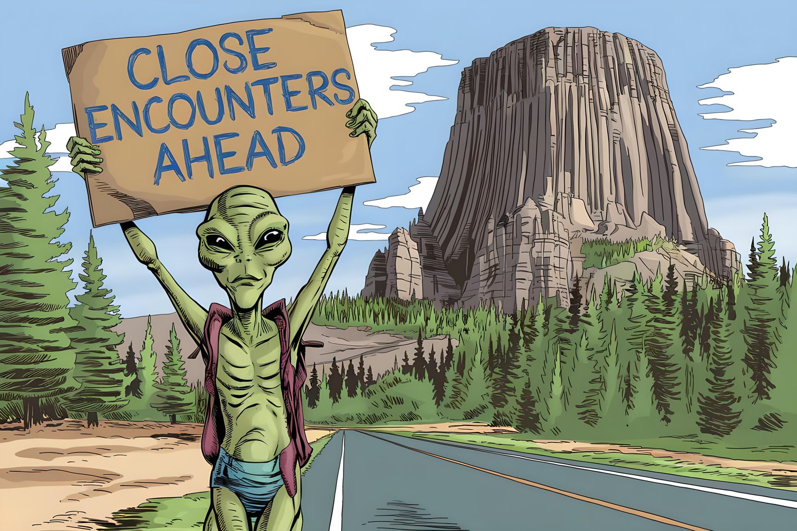 Green Alien Hitchhiking to Close Encounters