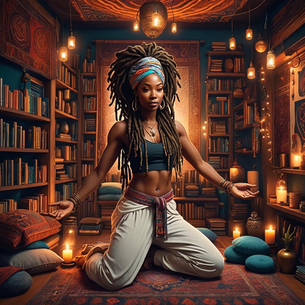 Bohemian Yoga Girl in Bedroom, Matte Painting