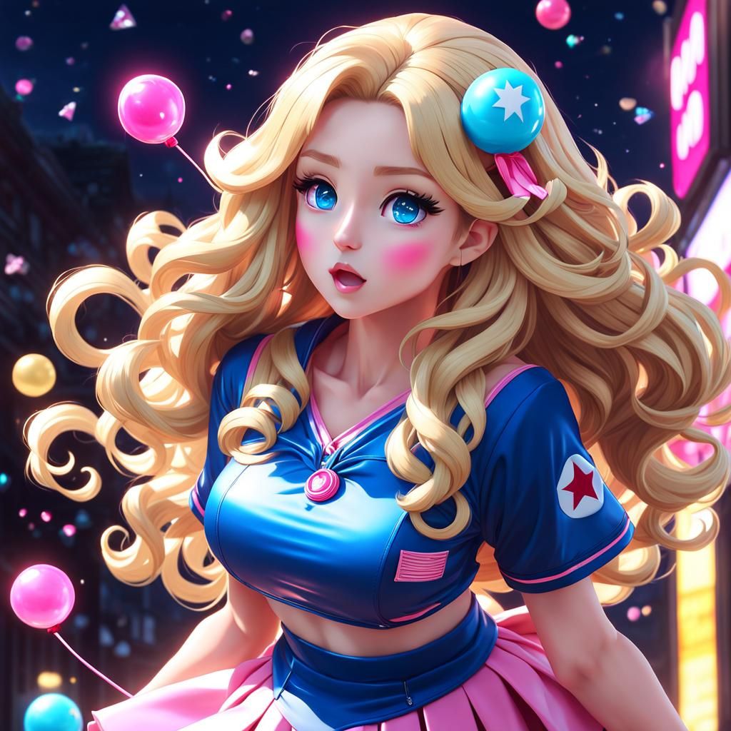Anime Girl Blowing Bubblegum in 3D Art