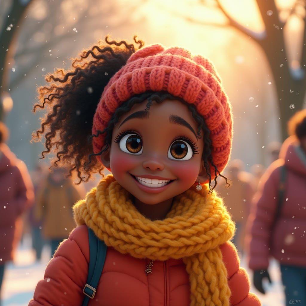 Joyful Black Teenager Strolls Through Winter Park with Famil...