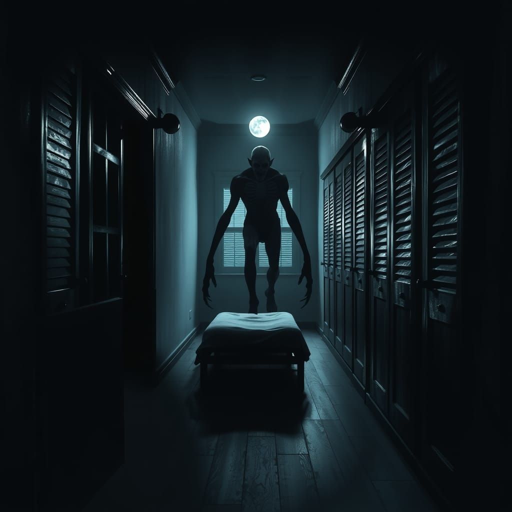 Terrifying Sleep Paralysis Demon in Dark Hallway