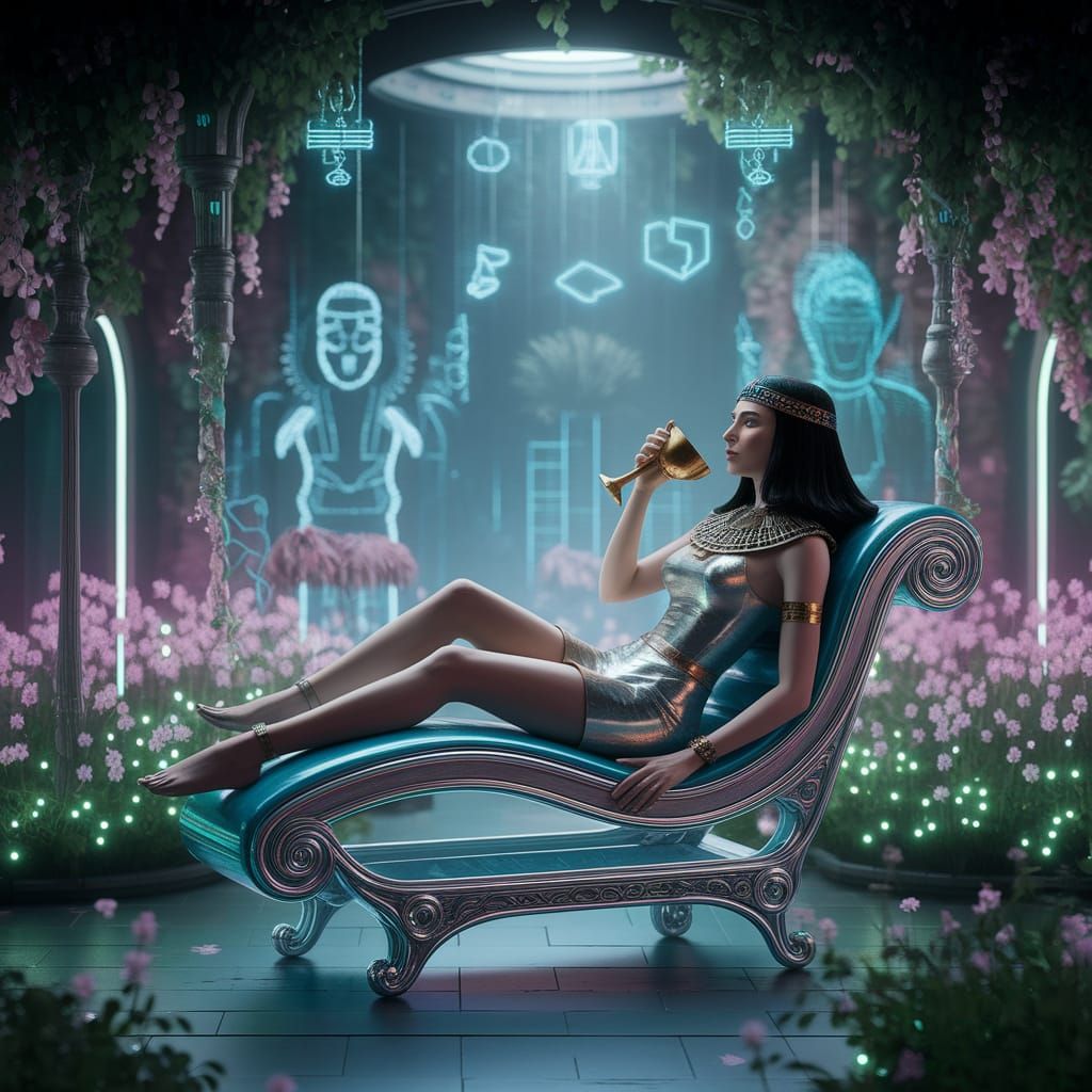 Cleopatra in Cyberpunk Garden with Bioluminescent Flora