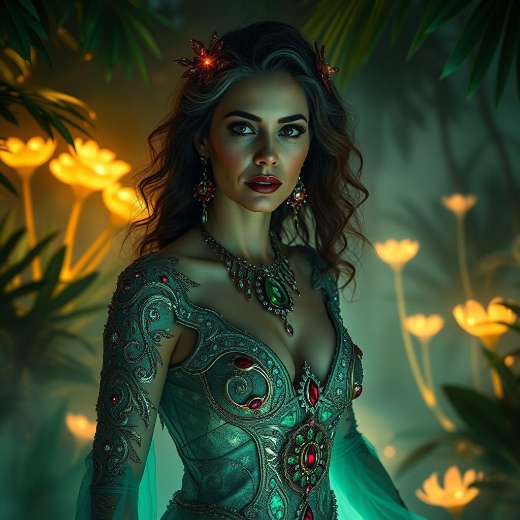 Cosmic Goddess in a Lush Jungle Ecosystem