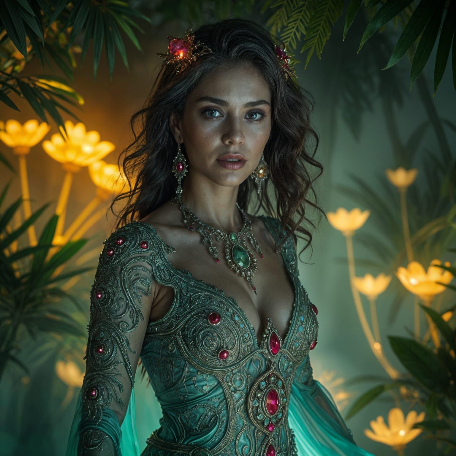 Ethereal Alien Goddess in Lush Jungle, Hyperrealistic