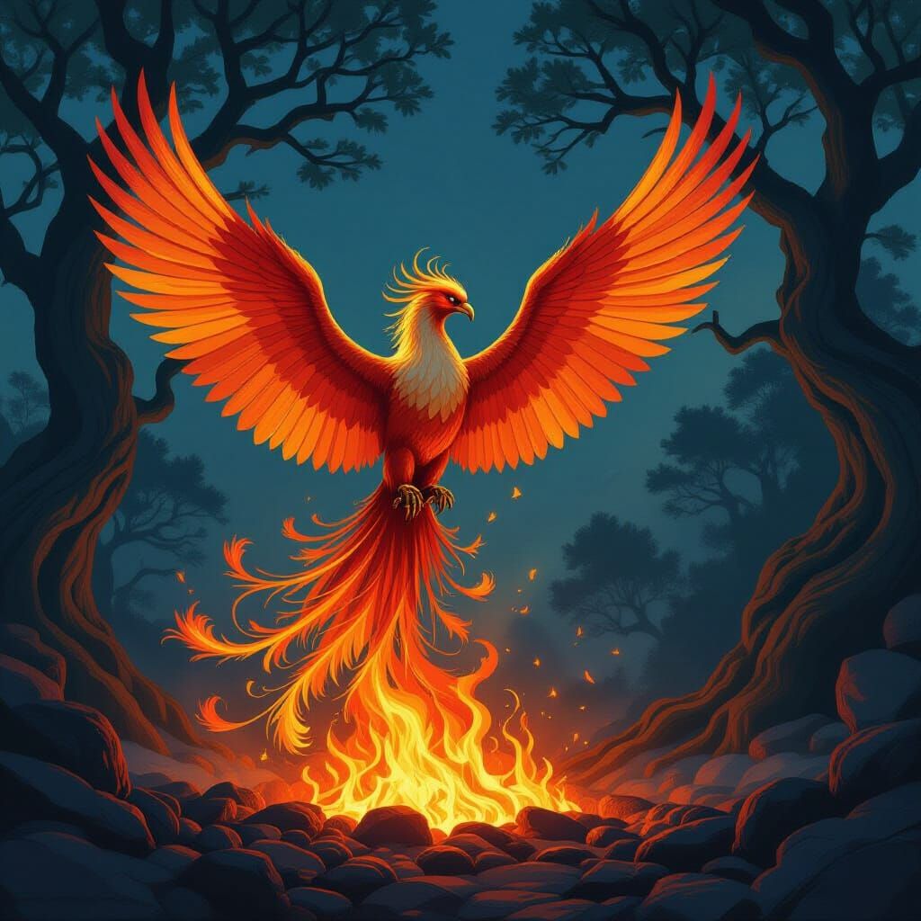 Majestic Phoenix Rises from Embers in Fantasy Style