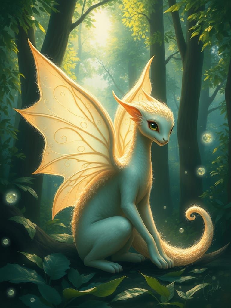 Whimsical Winged Creature in Enchanted Forest, Oil Painting
