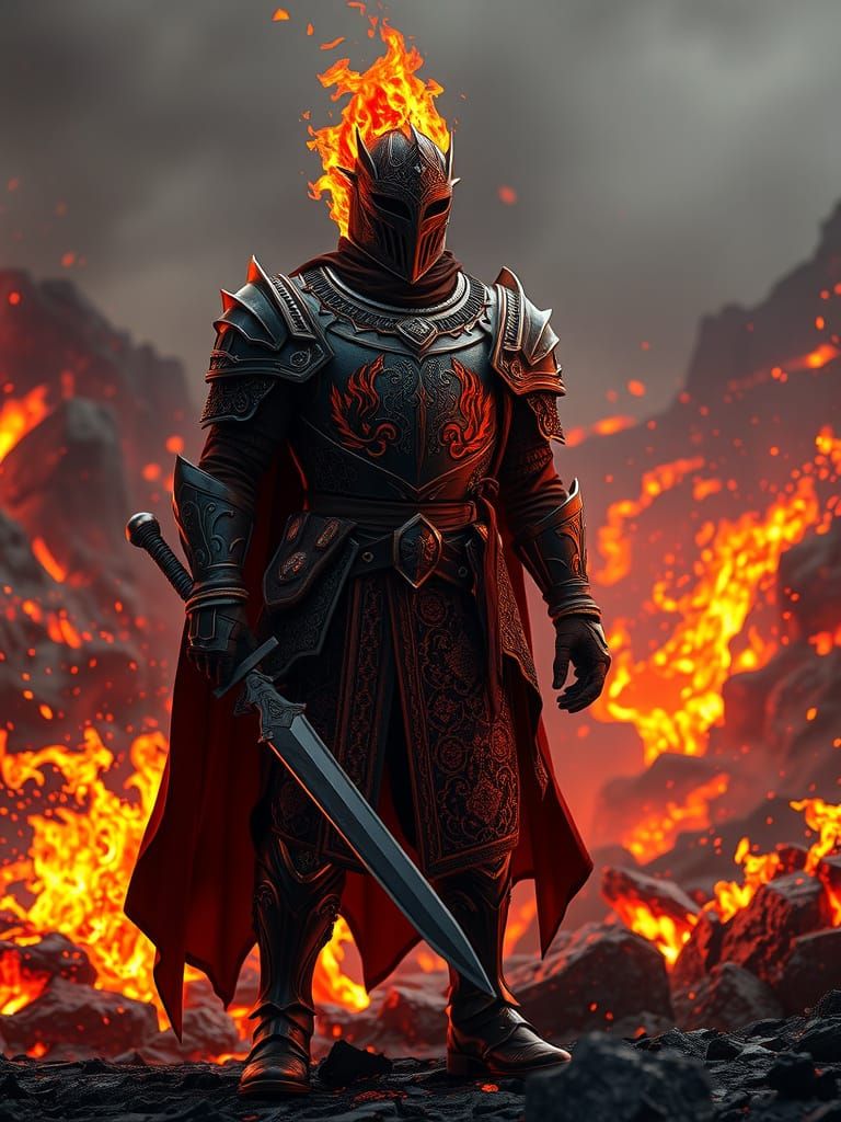 Majestic Fire Knight in Apocalyptic Fantasy Landscape