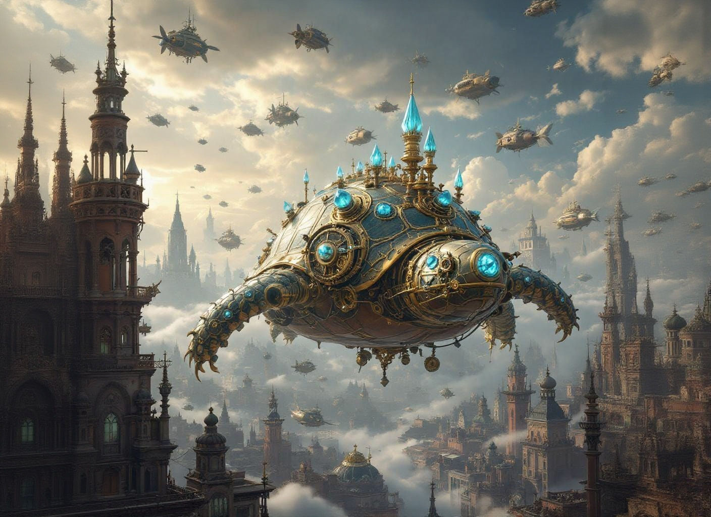 Giant Tortoise Airship Floats Above Metropolis in Fantasy Ar...