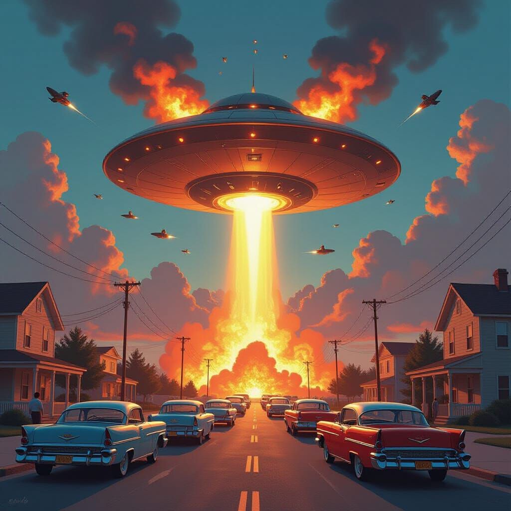 Burning UFO Over 1960s Town in Retro-Futuristic Style