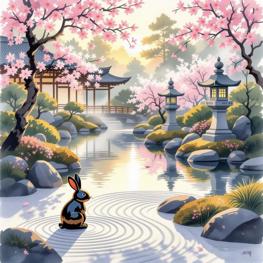 Clockwork Rabbit in Tranquil Japanese Garden