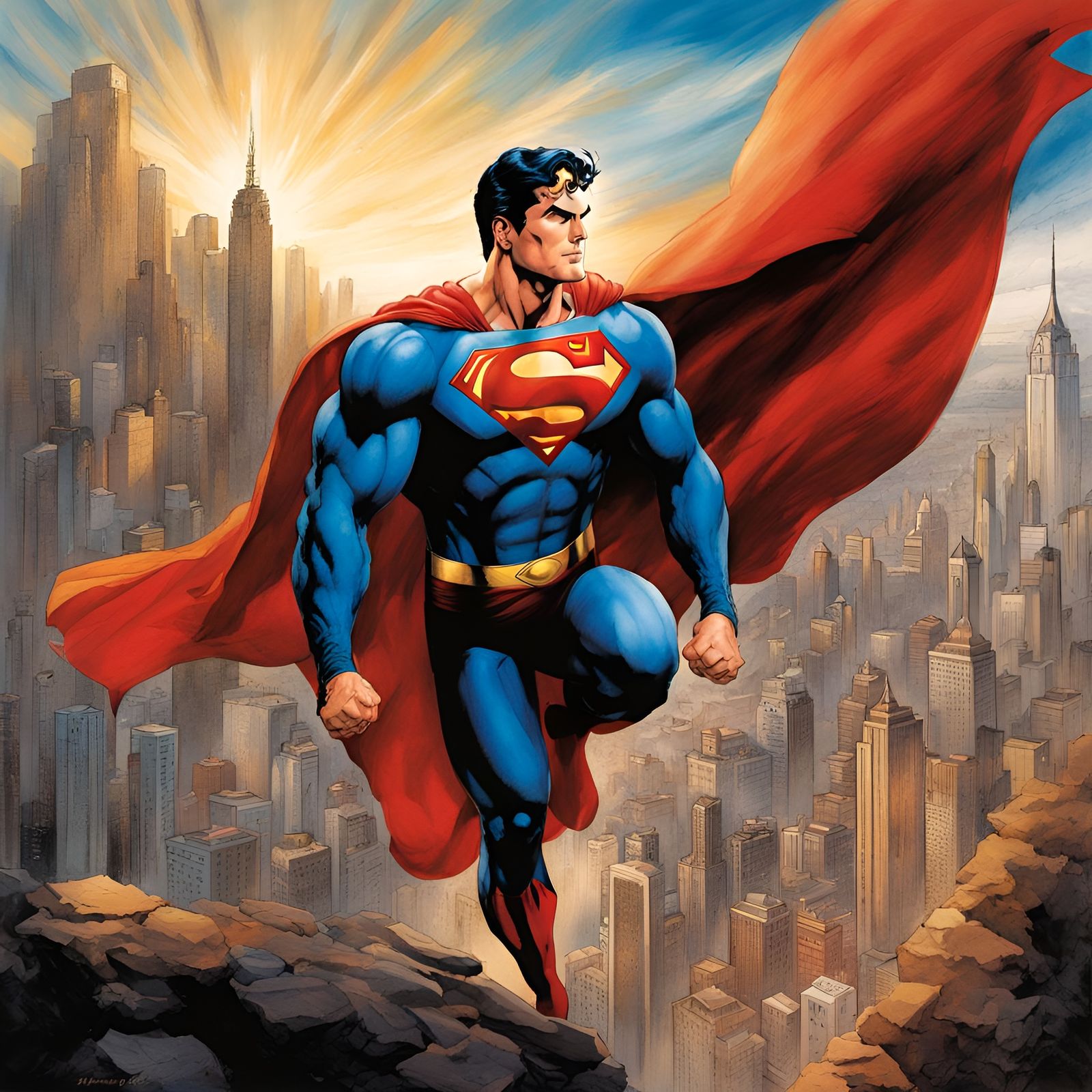 Superman Comic Art in Watercolor Style