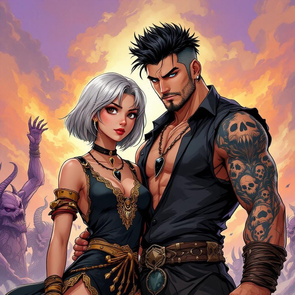 Dynamic Duo Fighting Demons in Anime Style