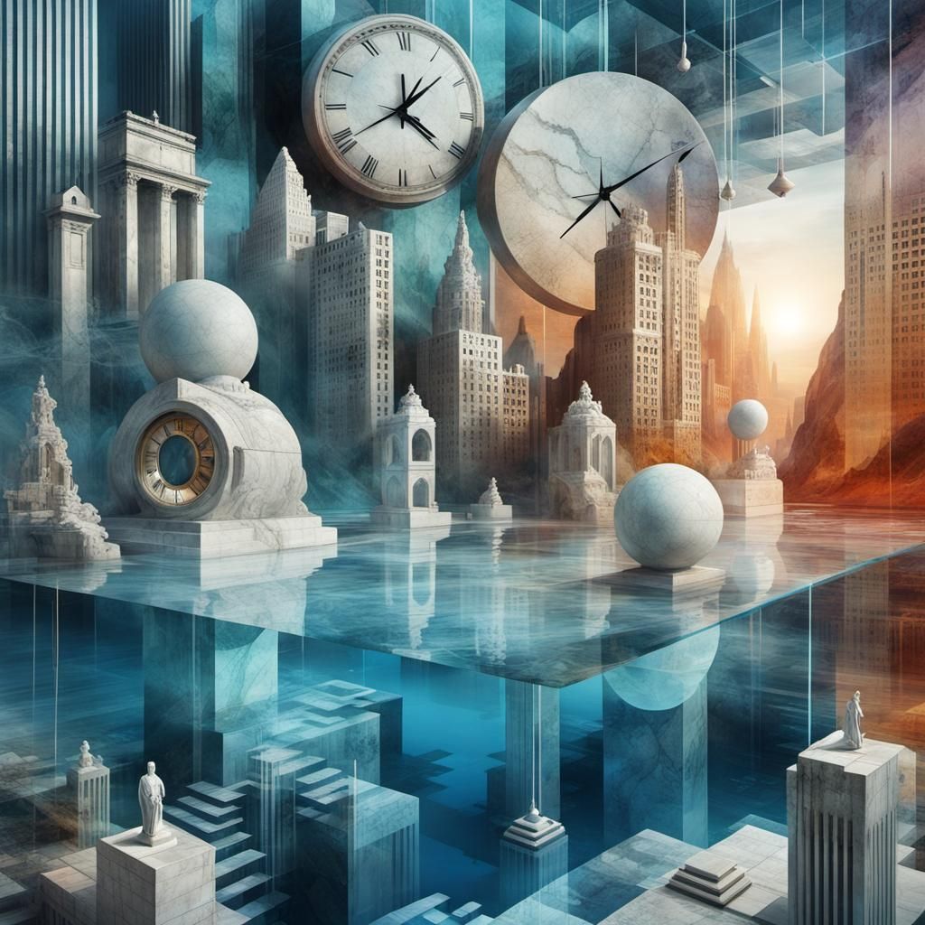 Surreal Cityscape with Floating Clocks in Imperial Colors