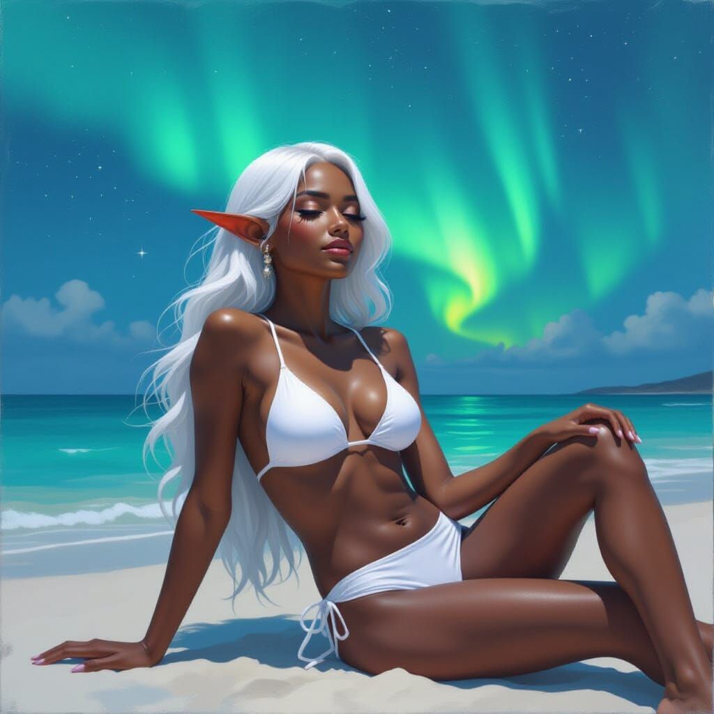 Elf Sunbathing Under Aurora in Oil Painting Style