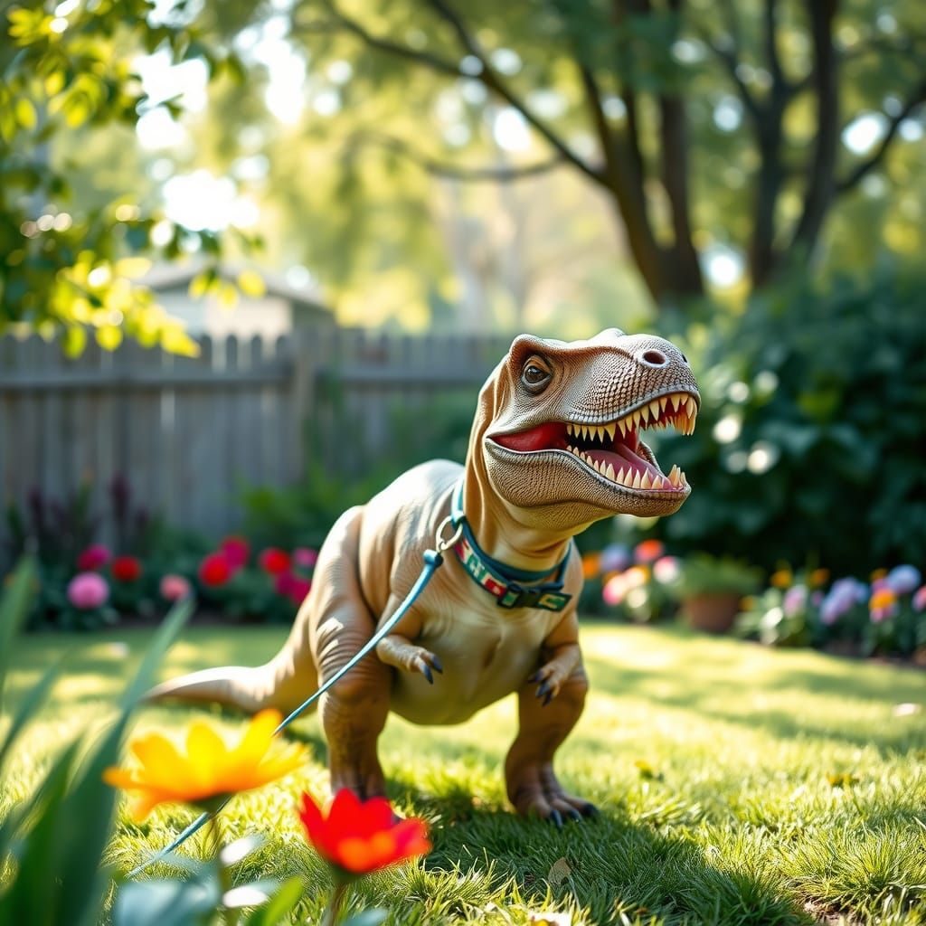 Friendly T-Rex Playing Fetch in Backyard