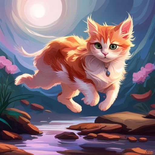 Adorable Cat Jumping Over Stream: Artstation Concept Art
