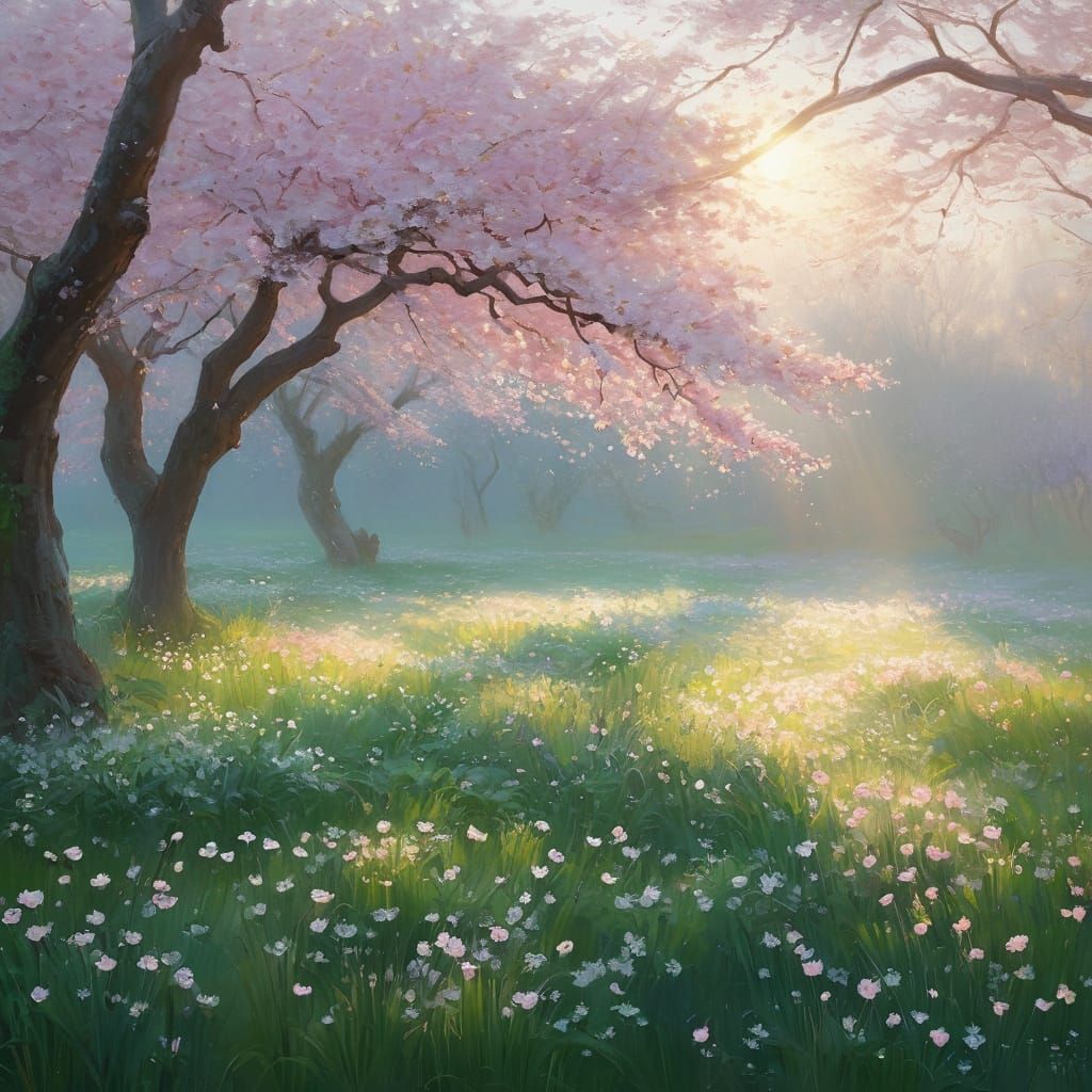 Sakura Orchard at Dawn in Impressionist Style