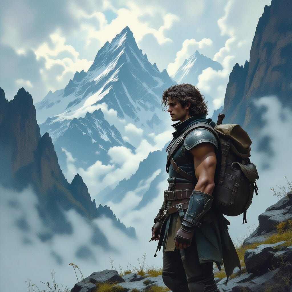 Adventurer at Mountain Edge in Dark Fantasy Style