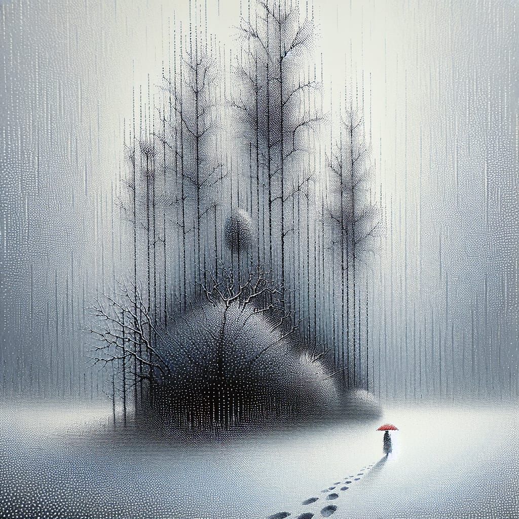 Ethereal Gray Landscape with Pointillist Trees and Walking F...