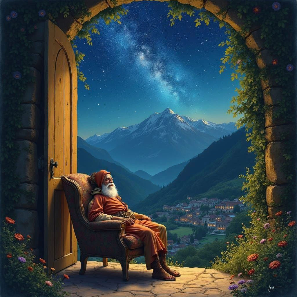 A Village Doorway Scene Under Starry Night Skies