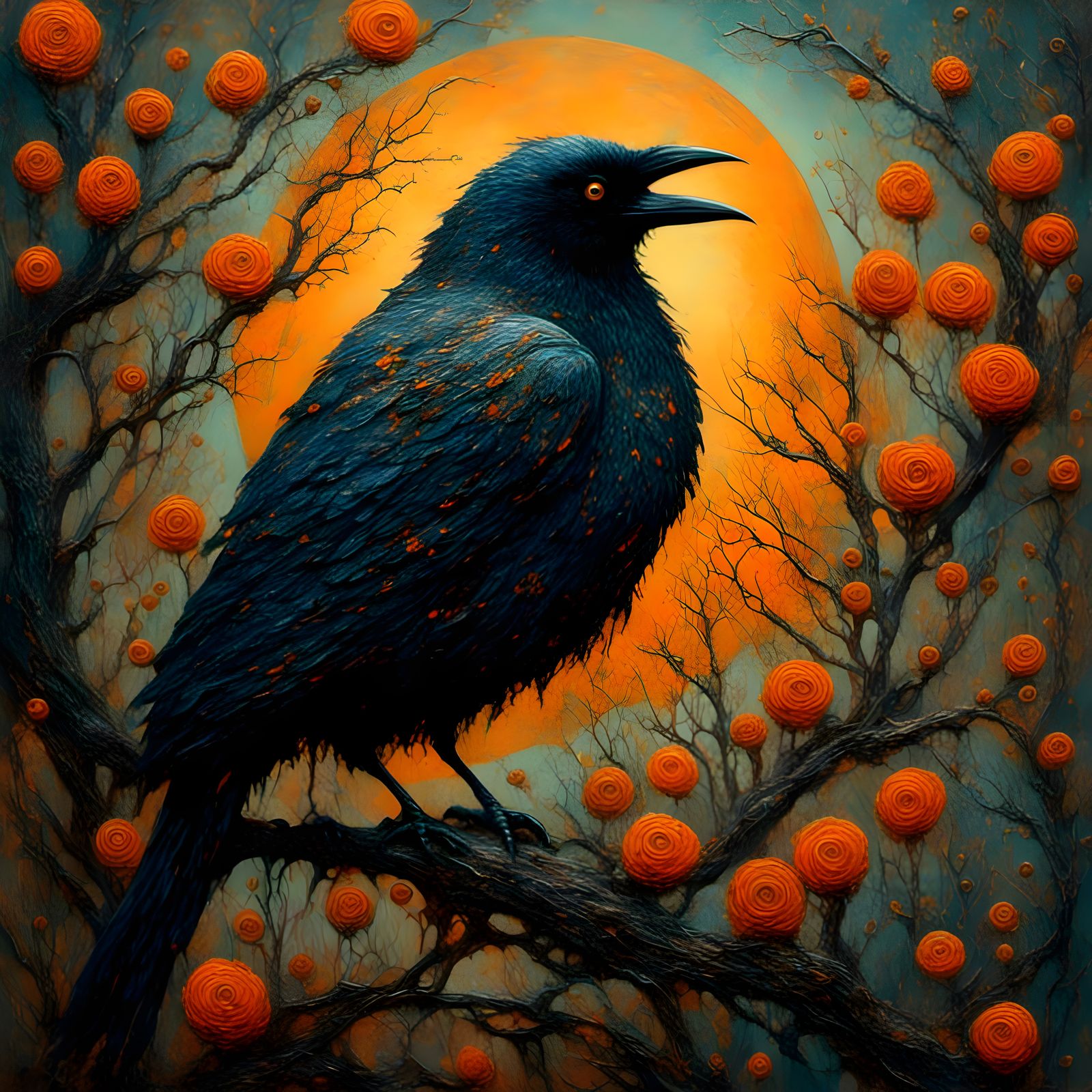 Surreal Naïve Art Painting of a Raven with Vibrant Plumage