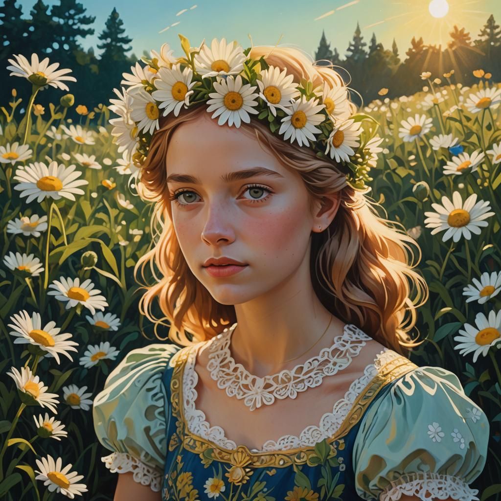 Girl with Daisy Crown: Baroque Gouache Portrait