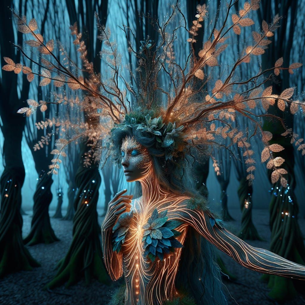 Ethereal Willow Dryad Emerges in Glowing Forest