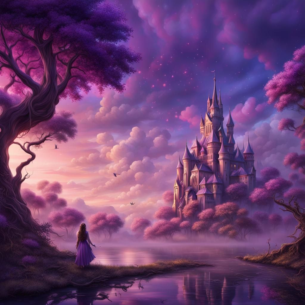 Fairy Illustration in Violet Sky: Fantasy Concept Art