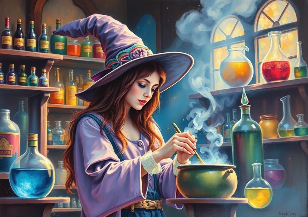 Enchanting Witch's Potion Shop: A Surreal Gouache Painting