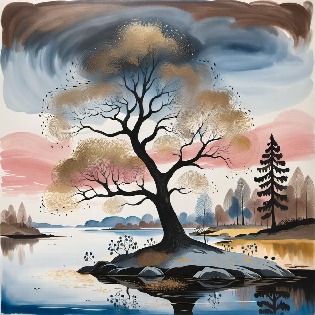 Tree by Water in Tove Jansson Style