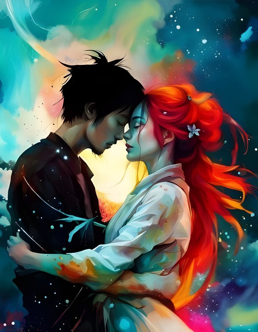 Lovers Entwined in Light: Vibrant Brushstroke Painting