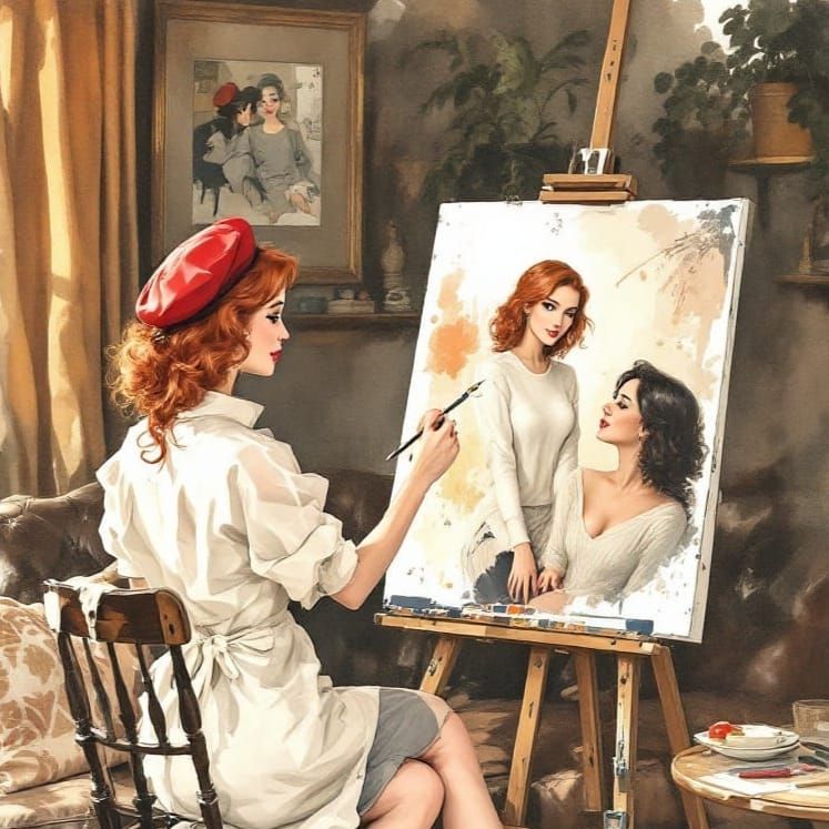 Playful Portrait of a Painter at Work in an Artist's Studio