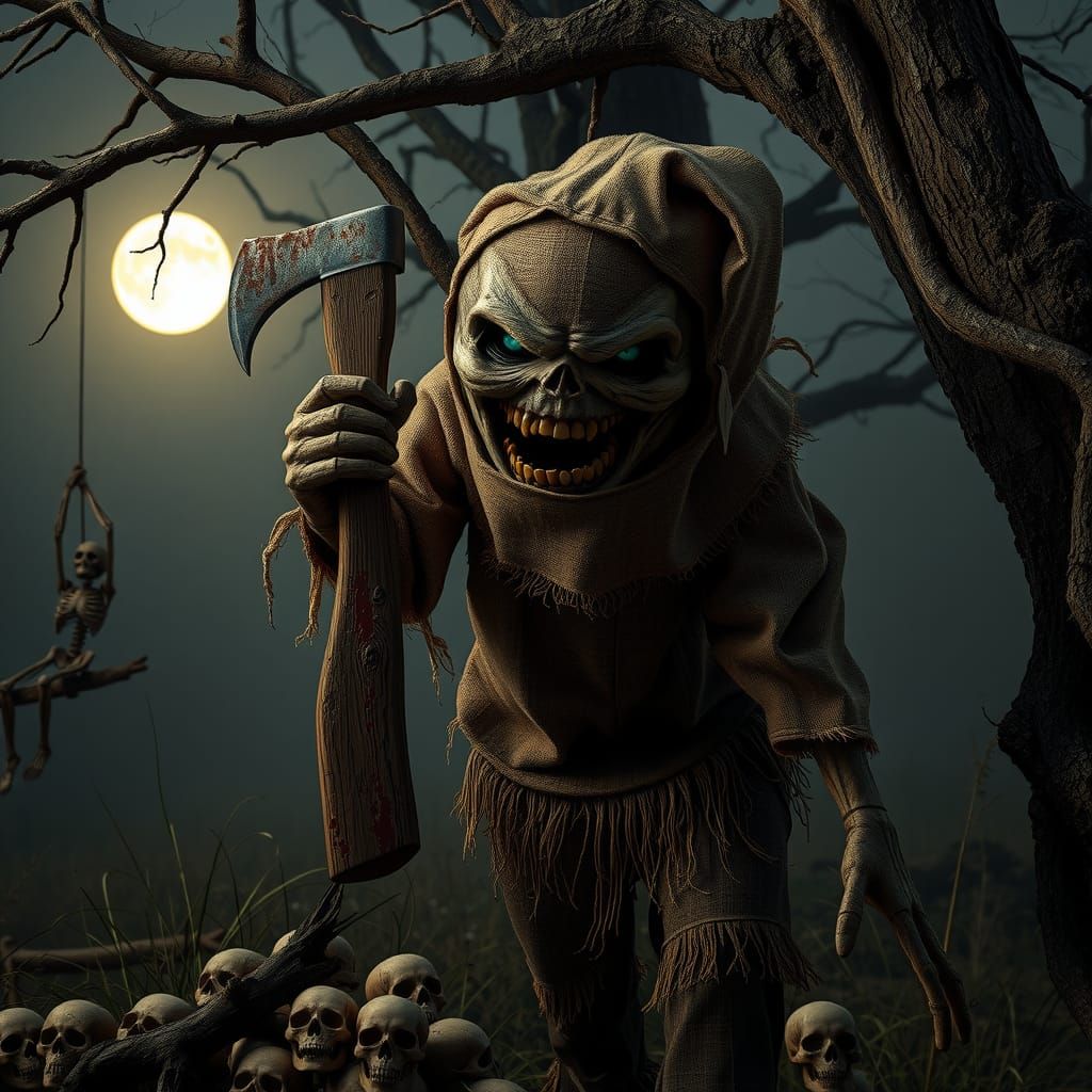 Terrifying Scarecrow Monster with Bloody Hatchet