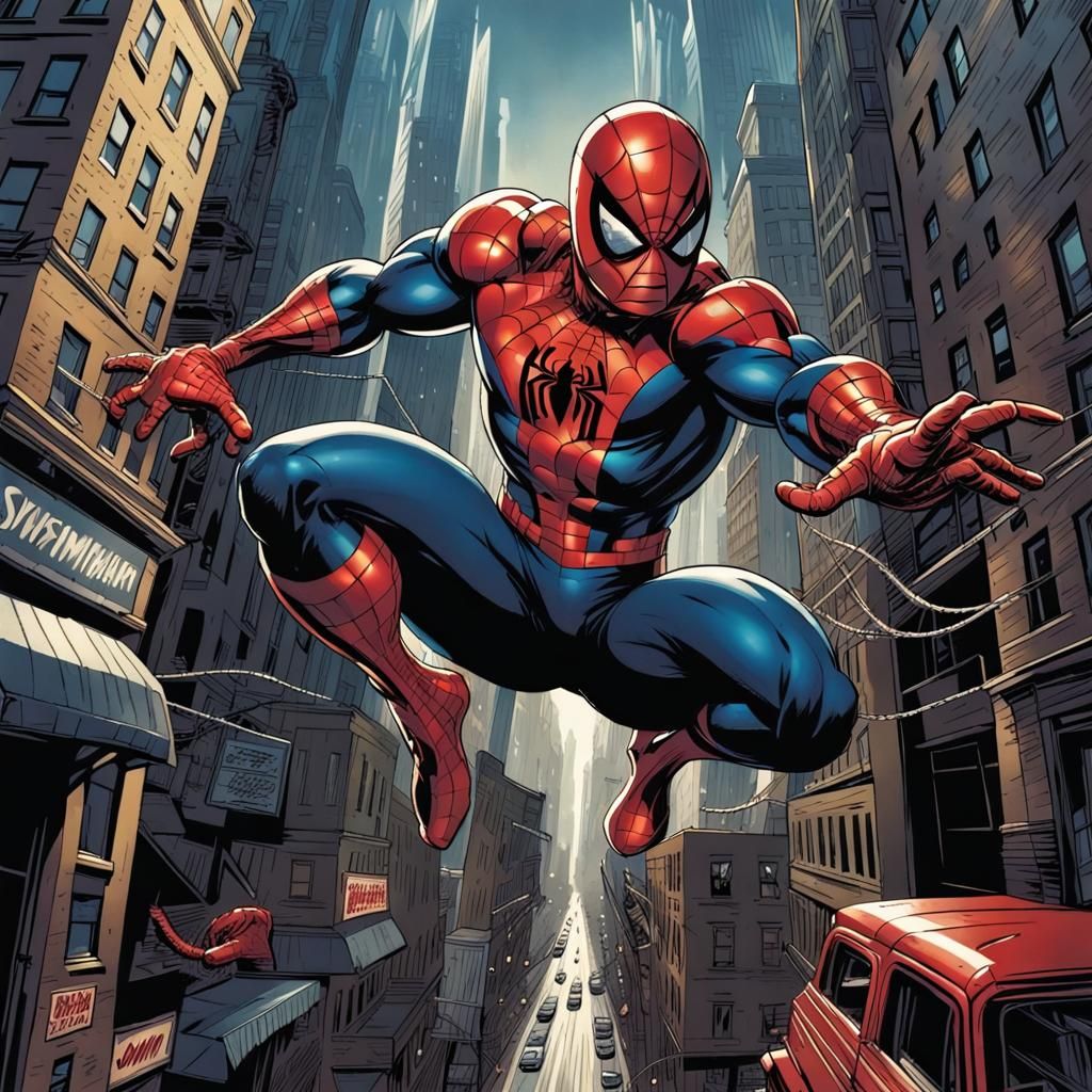 Spider-Man Swings Through City: Comic Book Art