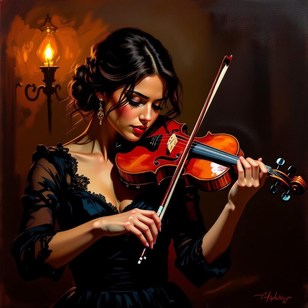 Woman Passionately Playing Violin in Dramatic Oil Painting S...