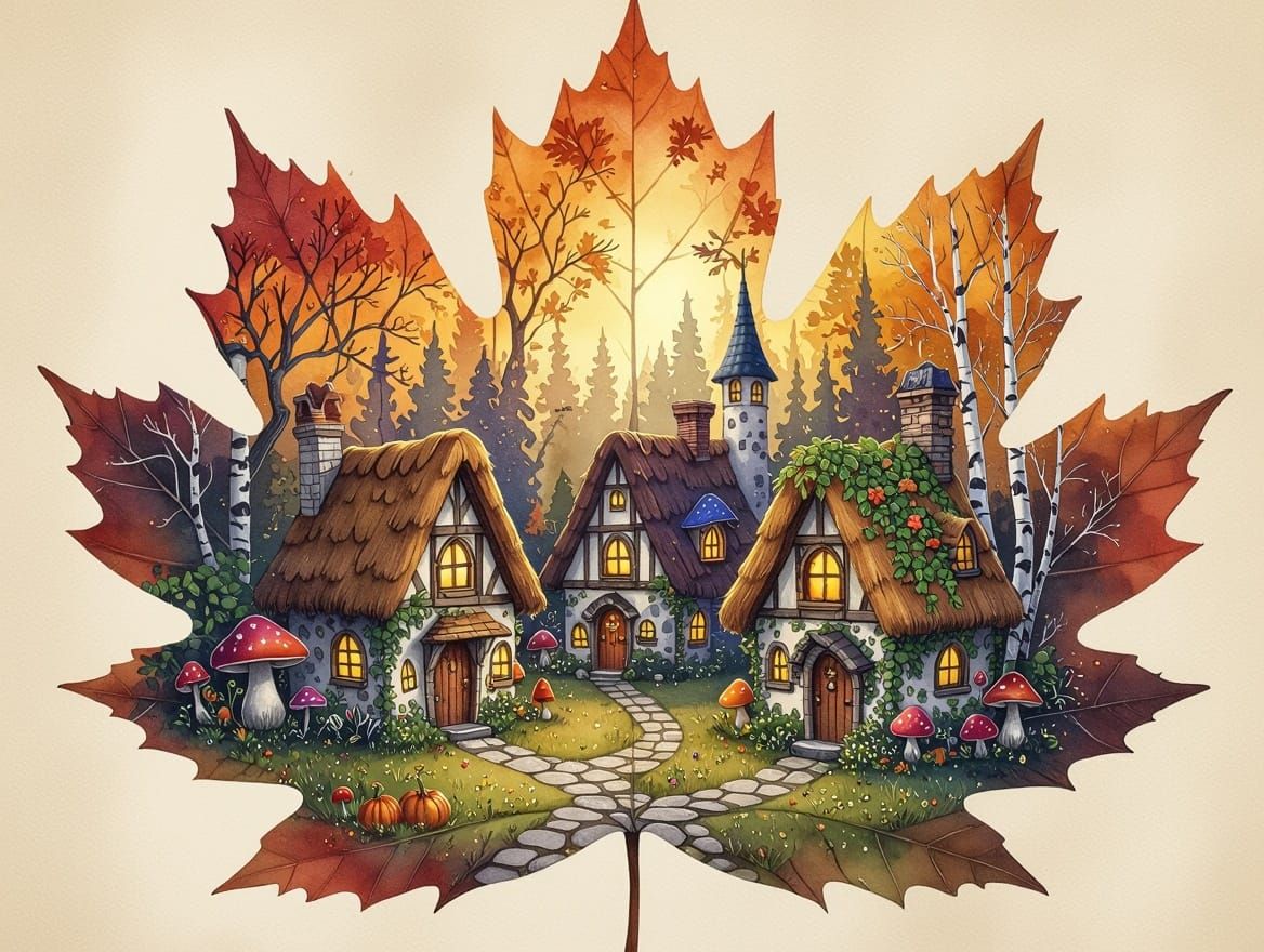 Whimsical Watercolor Autumn Scene with Witchcore Town